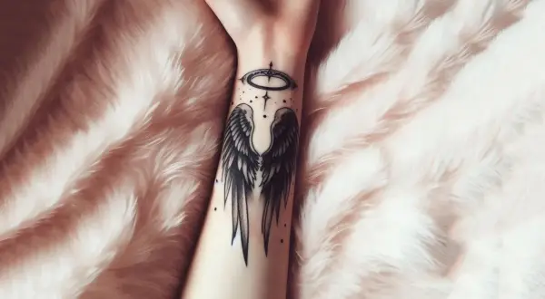 Un tattoo angel minimalista con alas y aureola en la muñeca, sobre un fondo de peluche rosa.