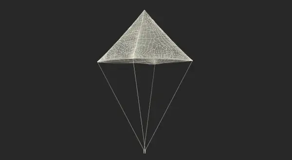 Drahtmodell eines pyramidenförmigen Fallschirms, inspiriert von Leonardo da Vincis Entwürfen.