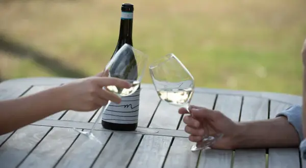 Brindisi con calici di vini delle Marche su un tavolo di legno all'aperto.