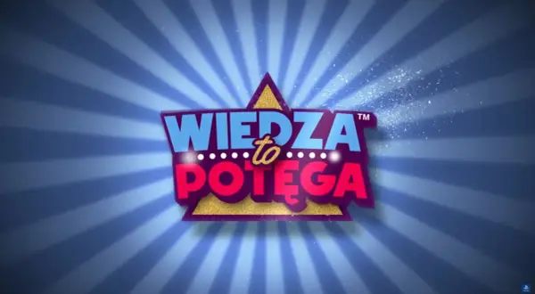 Logo "Wiedza to potęga" w aplikacji, błyszczące litery na tle promieni.