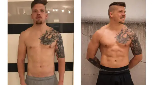 Mann mit Tattoos zeigt beeindruckende Body Recomposition: mehr Muskeln, weniger Fett.