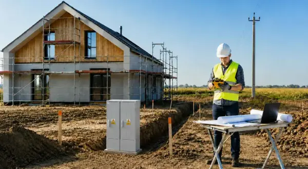 Budowa domu, pracownik w kamizelce odblaskowej sprawdza dokumenty. W tle skrzynka elektryczna i słup energetyczny, planowane zwiększenie mocy przyłączeniowej Tauron.