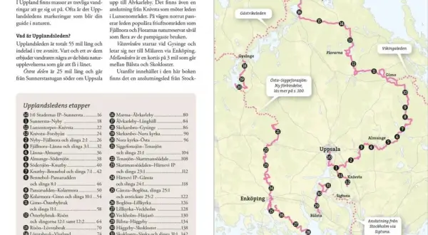 Här är en karta över Upplandsleden, som visar vandringssträckor och platser som Gävle, Uppsala och Stockholm.
