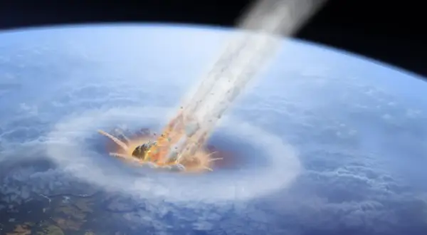 Potężna asteroida rozpadająca się w atmosferze Ziemi, wywołując eksplozję i kaskadę odłamków.