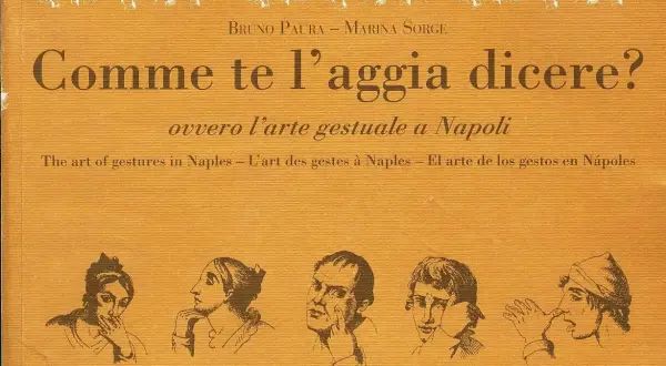 Copertina libro "Comme te l'aggia dicere?" con disegni di volti e mani, che illustrano esclamazioni in napoletano.