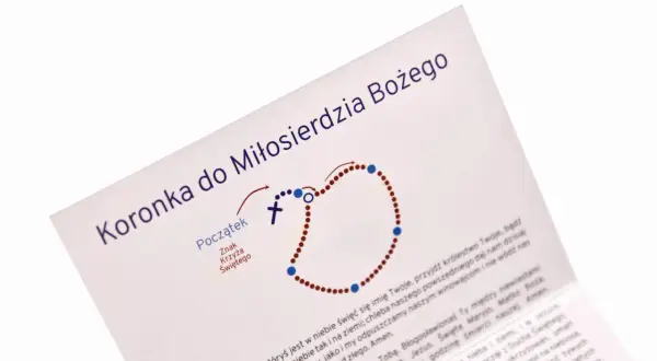 Instrukcja, jak odmawiać Koronkę do Miłosierdzia Bożego, z ilustracją różańca i tekstem modlitwy.
