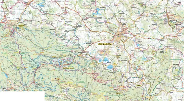 Mapa Gór Izerskich z zaznaczonymi trasami rowerowymi. Widoczne miejscowości: Jelenia Góra, Szklarska Poręba, Karpacz.