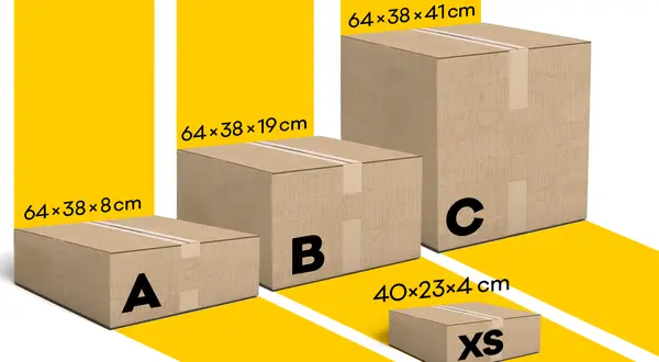 Poczta Polska wymiary paczek: A (64x38x8cm), B (64x38x19cm), C (64x38x41cm) i XS (40x23x4cm).