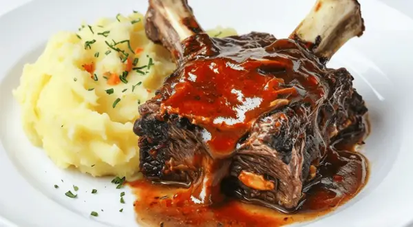 Costilla de ternera al horno, jugosa y cubierta de salsa, servida con puré de patatas cremoso y decorada con perejil fresco.