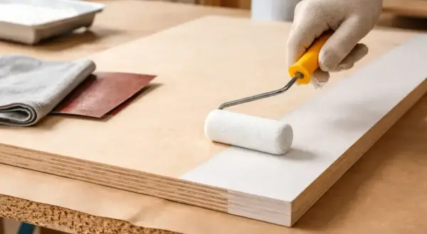 Main d'une personne avec un gant blanc appliquant de la peinture blanche sur une planche de contreplaqué avec un rouleau.