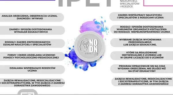 Jak opracować IPET i WOPFU? Schemat zawiera analizę orzeczenia, zakresy dostosowania, formy pomocy, współpracę z rodzicami, zajęcia rewalidacyjne i doradztwo zawodowe.