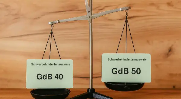 Eine Waage zeigt zwei Schwerbehindertenausweise: GdB 40 und GdB 50. Dies illustriert den **diabetes behinderungsgrad**.