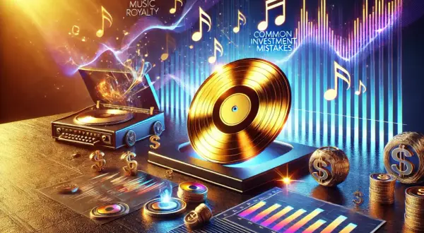 A golden vinyl record and turntable symbolize music royalty, with dollar signs and charts hinting at investment opportunities and common mistakes.