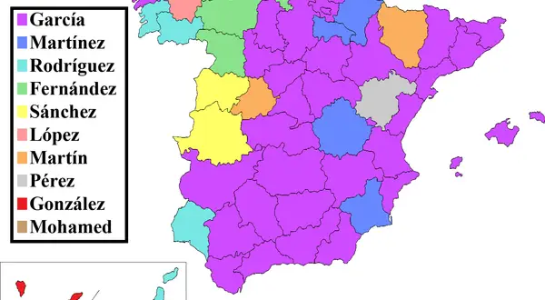 Carte de l'Espagne montrant la répartition géographique de noms comme García, Martínez, Rodríguez, Fernández, Sánchez, López, Martín, Pérez, González et Mohamed, un prénom espagnol.