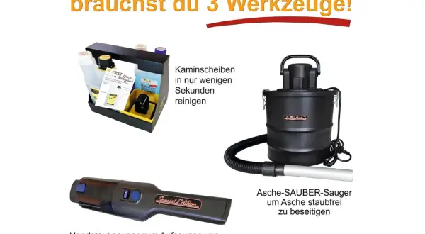 Drei Werkzeuge für sauberes Heizen: Asche-SAUBER-Sauger zur staubfreien Entsorgung, Handstaubsauger und Reinigungsset für Kaminscheiben.