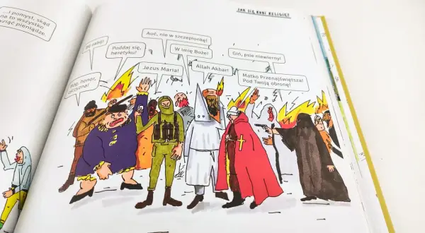 Ilustracja przedstawia chaos i konflikty religijne, ukazując dylematy współczesnego człowieka: jak odróżnić wiarę od religijności w obliczu ekstremizmów.