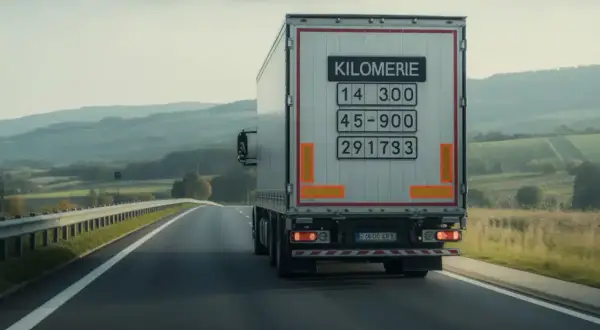 Un camion 44t sur une route de campagne. La plaque indique "Kilometrie" avec des chiffres, suggérant une longue route et une consommation importante.