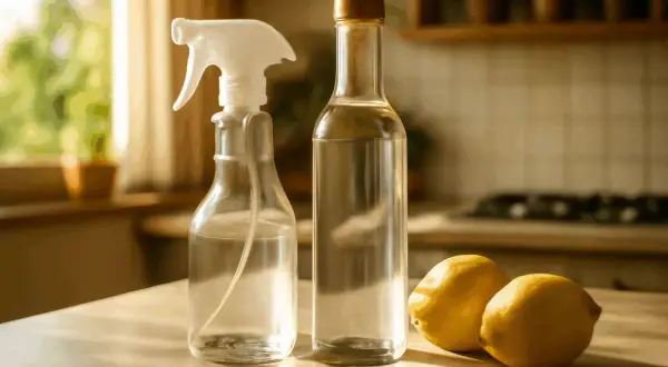 Spray bottle e bottiglia di vetro con aceto bianco e limoni, ingredienti naturali per la pulizia della casa.