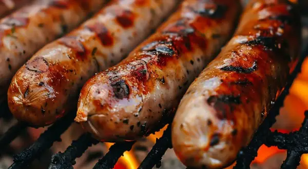 Soczysta kiełbasa z grilla, rumiana i pachnąca, piecze się nad ogniem. Idealna na letnie wieczory.
