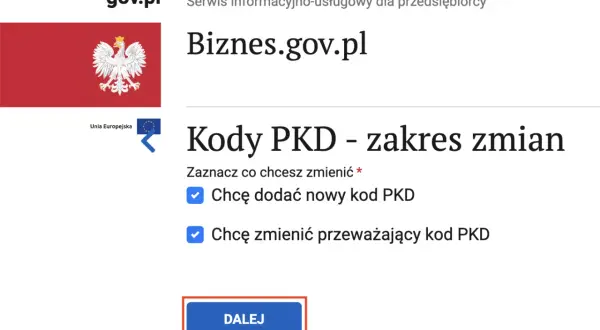 Zmiana kodów PKD na Biznes.gov.pl. Możliwość dodania nowego lub zmiany przeważającego kodu PKD.