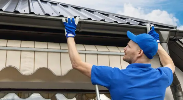 Mężczyzna w niebieskiej czapce i rękawiczkach montuje uszczelniacz do rynien plastikowych, dbając o szczelność dachu.