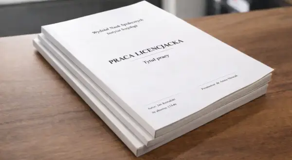 Stos białych prac licencjackich na drewnianym blacie. Na okładce widnieje tytuł "Praca licencjacka", imię autora i promotora.