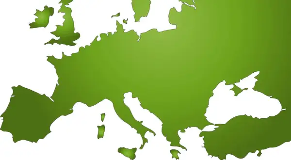 Grüne Karte von Europa und Teilen Asiens. Das Gebirge zwischen Europa und Asien ist nicht explizit dargestellt, aber die Karte zeigt die geografische Trennung.