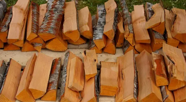 Leña apilada, lista para la chimenea. ¿Cuál es la mejor leña para chimenea? Esta madera de tonos cálidos promete un fuego acogedor.