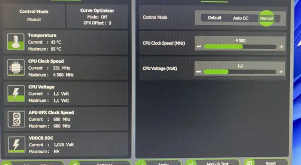 Ustawienia AMD Ryzen Master pokazują undervolting CPU. Napięcie procesora ustawione na 1,1V, a taktowanie na 4500 MHz.