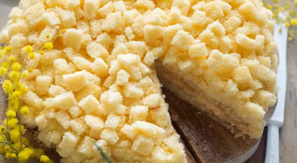 Una deliziosa torta mimosa, ricoperta di soffici briciole di pan di Spagna, con un rametto di mimosa a decorare.