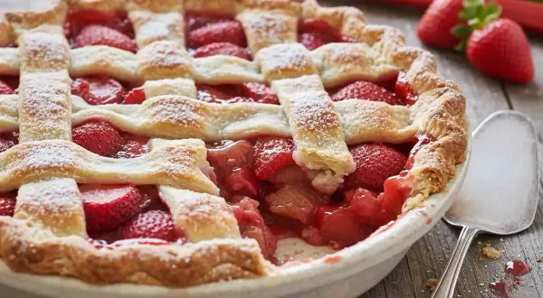 Tarte aux fraises et rhubarbe, une recette estivale parfaite. La pâte dorée cache un mélange fruité et acidulé, saupoudré de sucre glace.