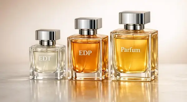 Trzy eleganckie flakony perfum: EDT, EDP i Parfum, prezentujące różne stężenia zapachu.