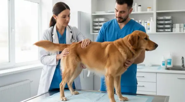 Veterinarios examinan a un perro con el ano irritado. Le ponen una crema para aliviarlo.