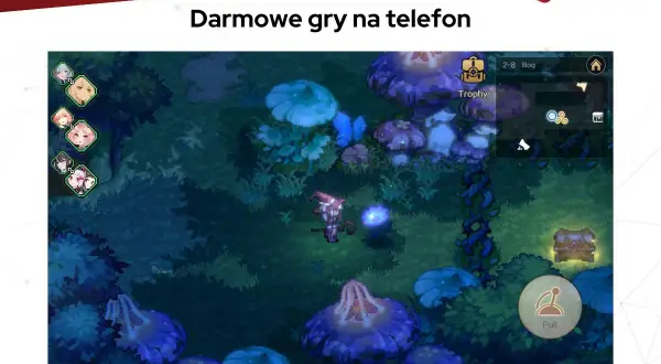 Zrzut ekranu z gry mobilnej w stylu anime, przedstawiający postać czarodziejki w lesie z grzybami.