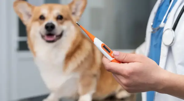 Weterynarz mierzy temperaturę corgi. Jaka temperatura dla psa w domu jest optymalna?
