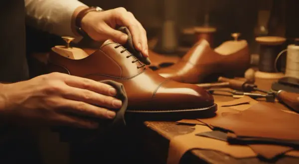 Mains polissant une chaussure en cuir marron, un savoir-faire artisanal pour cirer chaussures et leur redonner éclat.