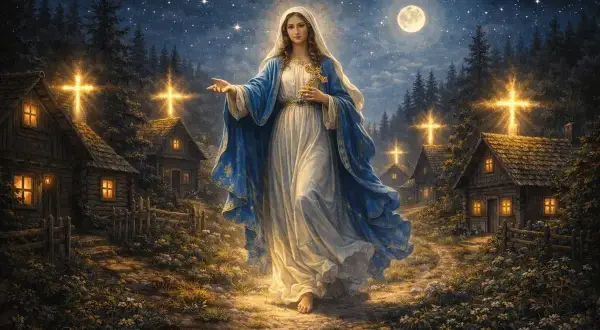 Nocna wizja: Matka Boska w bieli i błękicie, z krzyżem, idzie przez wieś. W tle księżyc, gwiazdy i krzyże nad domami. Jak pieśń czarna madonna - tekst.
