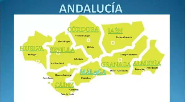 Mapa flamenco de Andalucía con palos del flamenco por provincias, mostrando artistas como Camarón en Cádiz y María Pagés en Sevilla.