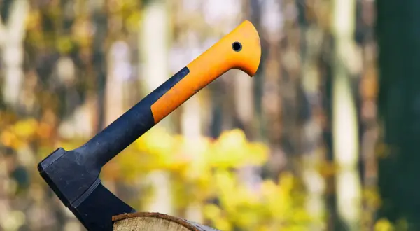 Un hacha con mango naranja y negro clavada en un tronco, lista para el trabajo en el bosque otoñal.