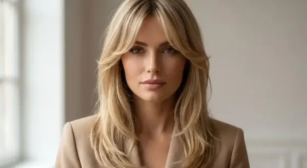 Kobieta z blond włosami i grzywką curtain bangs, która pasuje do wielu kształtów twarzy, prezentuje elegancki styl.