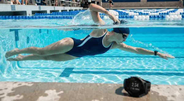 An adult woman is learning to swim, powering through the water in a competitive pool. A smartwatch on her wrist tracks her progress.