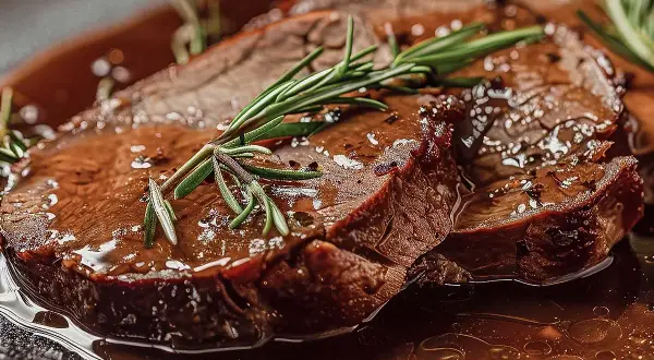 Saftige Scheiben Sauerbraten in dunkler Sauce, garniert mit Rosmarin. Die perfekte Temperatur für diesen Klassiker ist entscheidend.