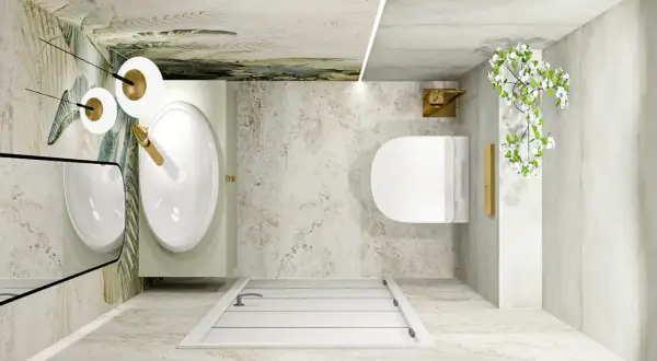 Eleganckie, bardzo małe wc aranżacje: umywalka, toaleta, prysznic i lustro w łazience z motywem tropikalnym.