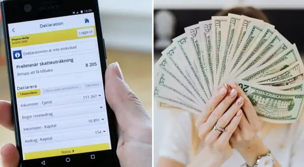 En mobiltelefon visar en pågående deklaration. Bredvid syns en person som håller upp en solfjäder av dollarsedlar, kanske för att visa att deklarationen 2026 kommer att ge en fin återbäring.