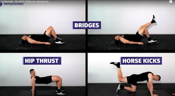 Övningar för att stärka sätesmusklerna, inklusive piriformis muskeln. Bilden visar "Bridges", "Hip Thrust" och "Horse Kicks".