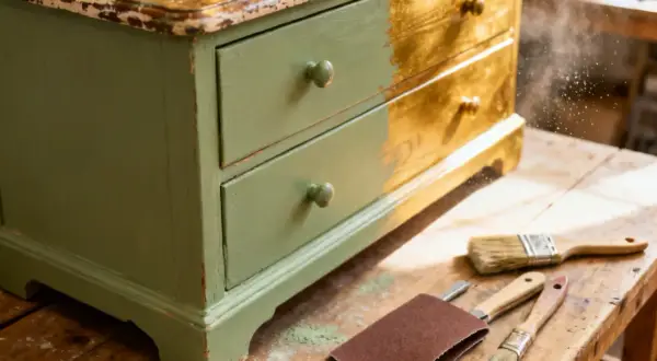 Un meuble ancien customiser, en cours de restauration, avec des outils de peinture et de ponçage.