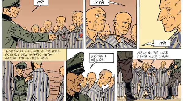 Komiks o Maksymilianie Kolbe: selekcja w obozie. Ciekawe, jak wyglądała jego ofiara.