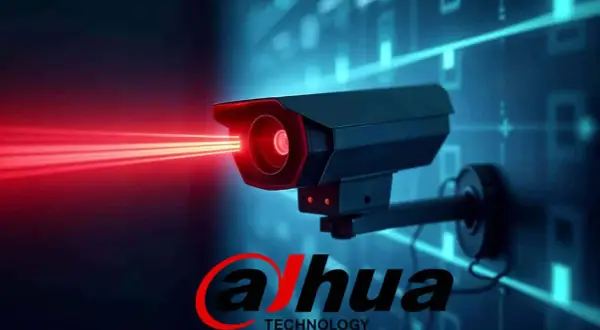 Caméra de surveillance Dahua Technology émettant des faisceaux rouges, sur fond bleu numérique.