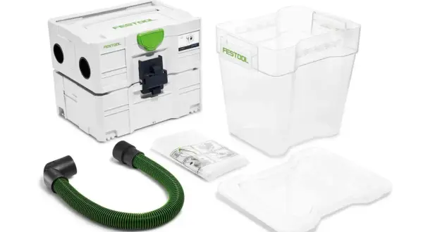 Ensemble pour un filtre cyclonique Festool, incluant le module principal, un collecteur transparent, un tuyau vert et une notice.