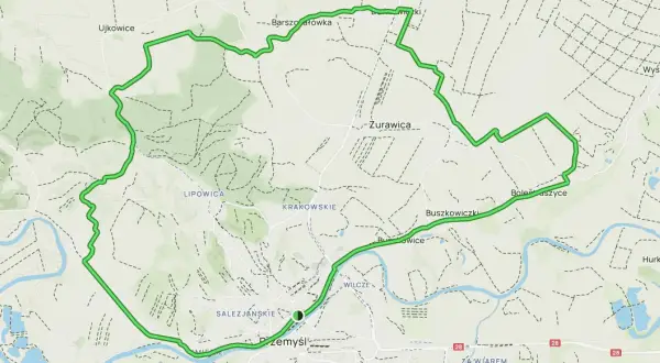Mapa z zaznaczoną zieloną pętlą - forteczna trasa rowerowa wokół Przemyśla.